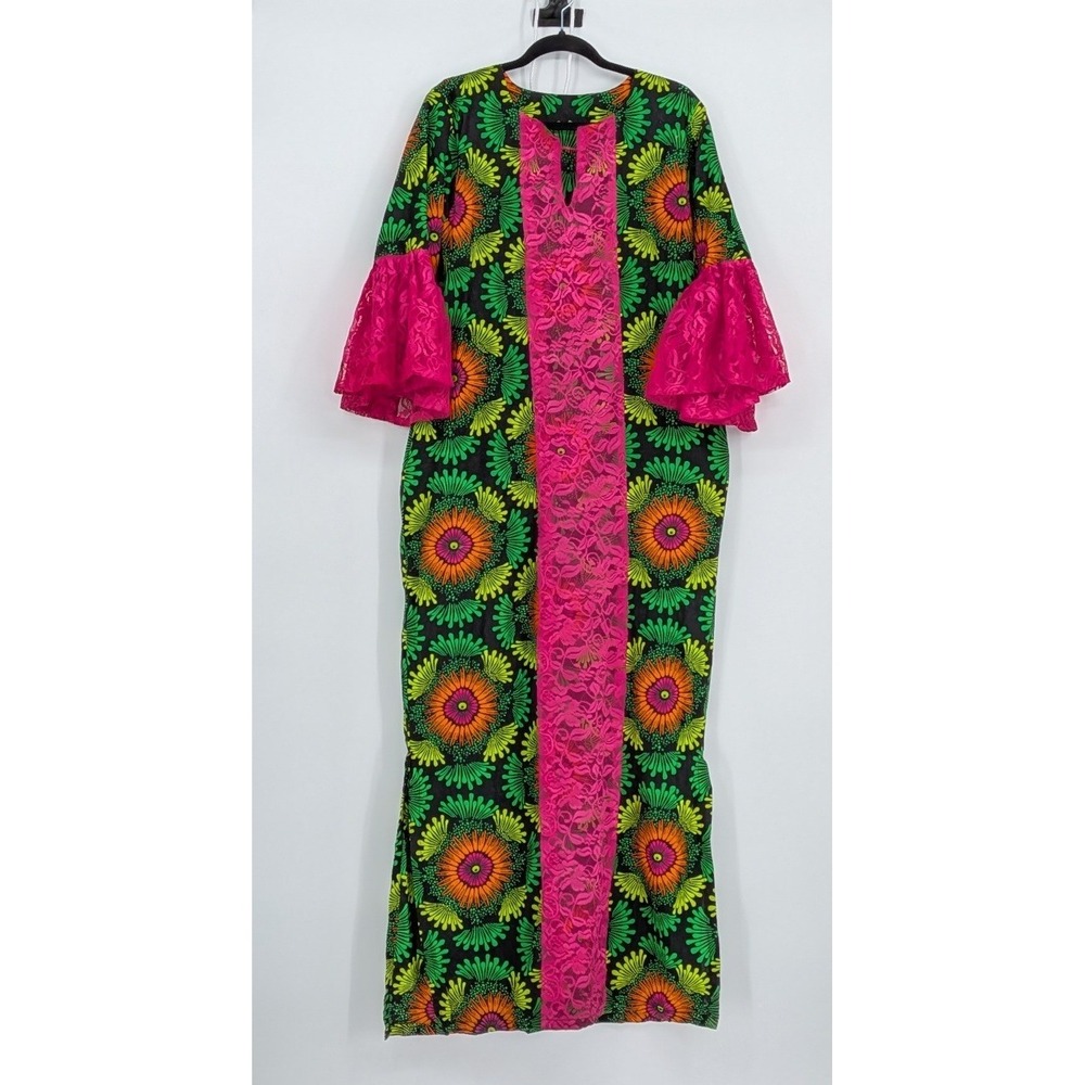 Homemade Large African Wax Print Maxi Pink Lace Bell Sleeve Floral Maxi Dress